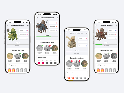 Character progress UI concept 3d character design game game dev illustration knight light mode medieval mission mobile app mobile game progress ui ui design uiux ux warrior