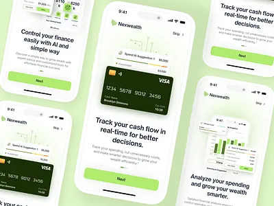 Nexwealth - AI Finance Mobile App Onboarding Flow ai analytics business chart clean credit card data design exploration finance illustration invesment login minimalism mobile money onboarding portfolio ui ux