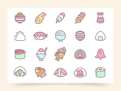 Set of kawaii japanese food icons 2d collection cute design dessert food icon illustration japan japanese kawaii meal onigiri restaurant set sticker vector