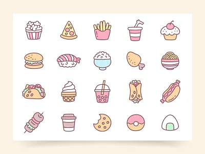 Collection of cute fast food icons 2d burger burrito cartoon collection cute design fast fast food food french fries icon illustration kawaii meal set sticker vector