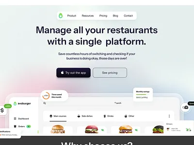 Avo • Landing Page apple avocado dashboard design food graphic design hero illustration landing restaurants saas section trial ui ux vector