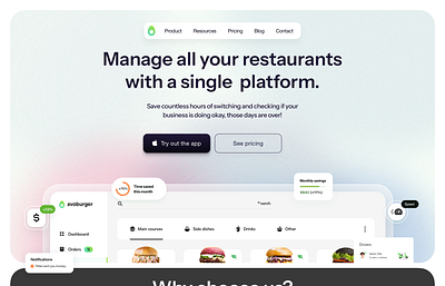 Avo • Landing Page apple avocado dashboard design food graphic design hero illustration landing restaurants saas section trial ui ux vector