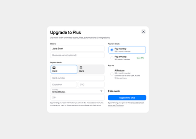 Upgrade modal ai blue button card checkboxes input modal radiobutton segmented ui ux web white