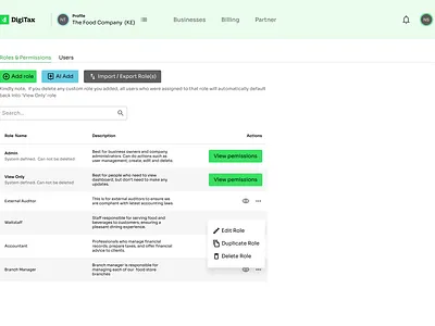 Roles & Permissions ai assistant dashboard dropdown fintech permissions roles table ui web