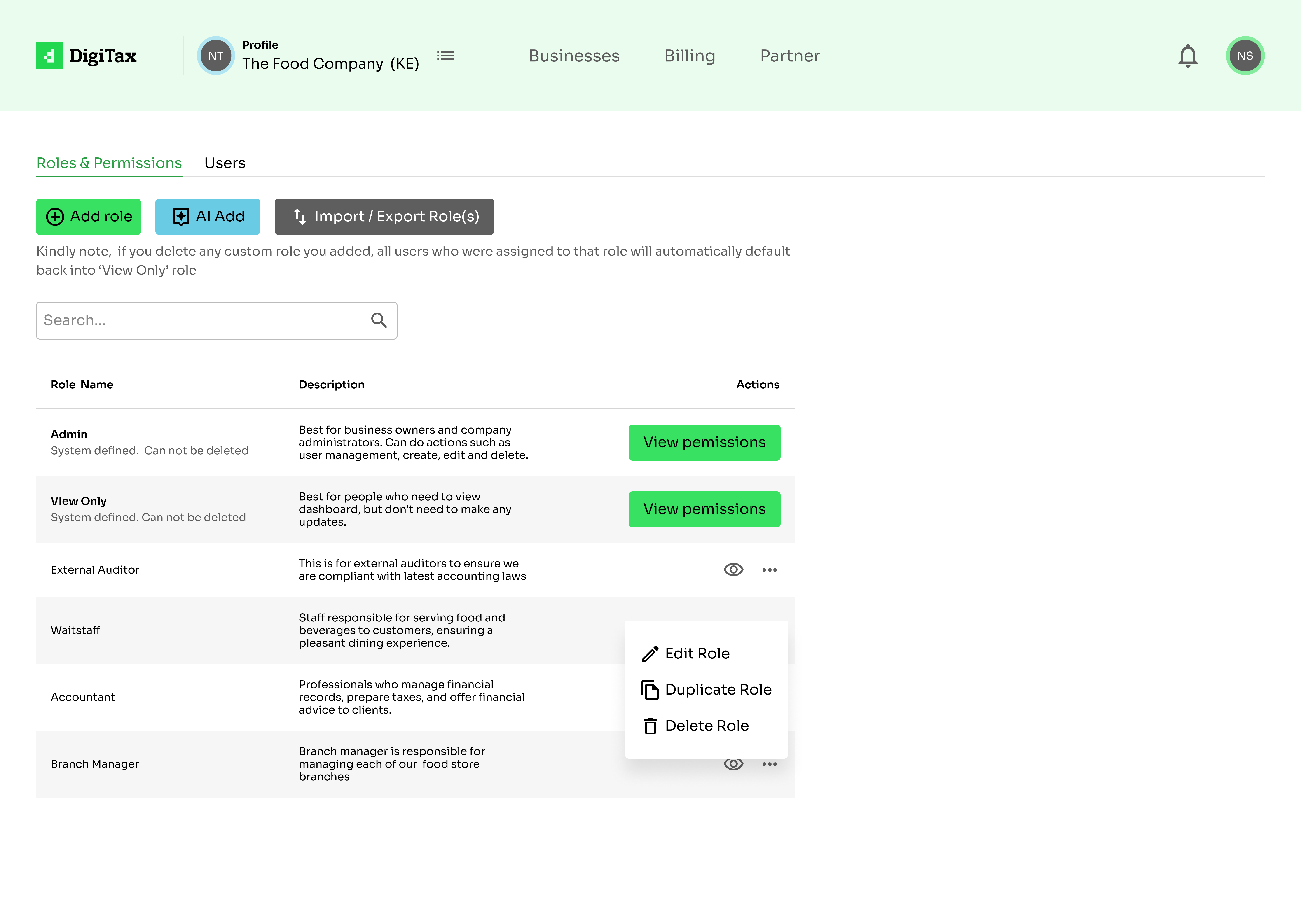 Example of Roles & Permissions