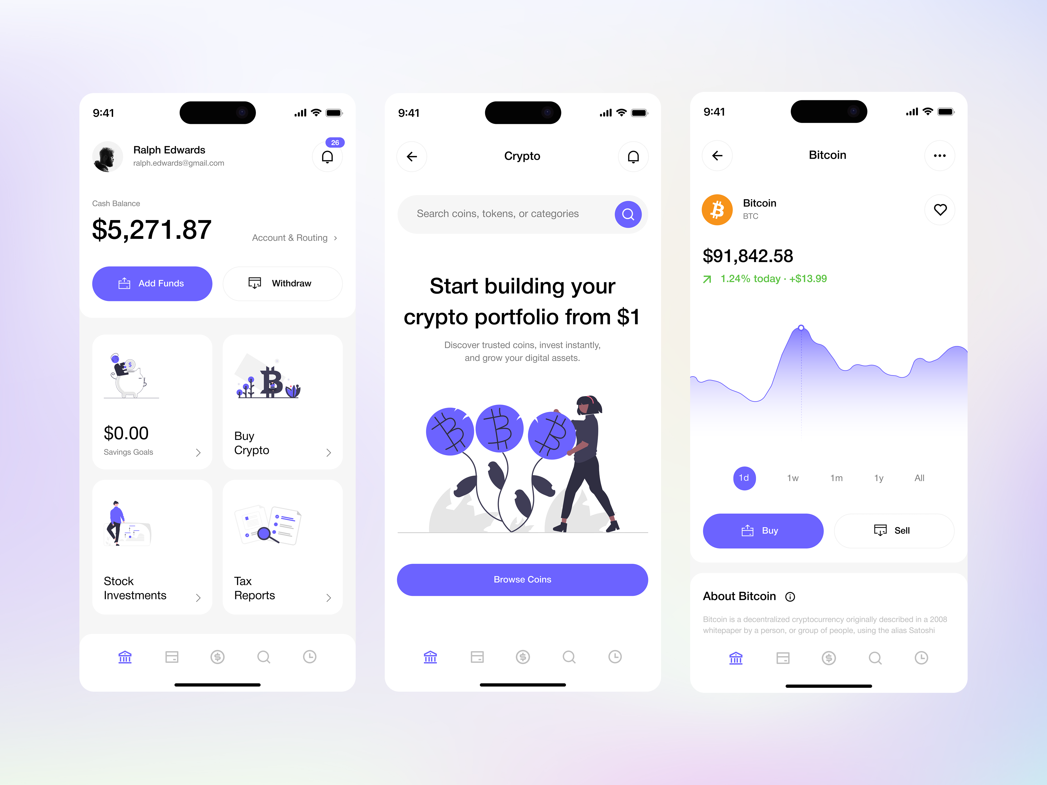 Finance App UI — Banking, Crypto & Stocks in One Place app banking bitcoin cash clean ui crypto ethereum finance fintech investment ios app mobile neobank solana stocks trading ui user interface uxdesign wallet