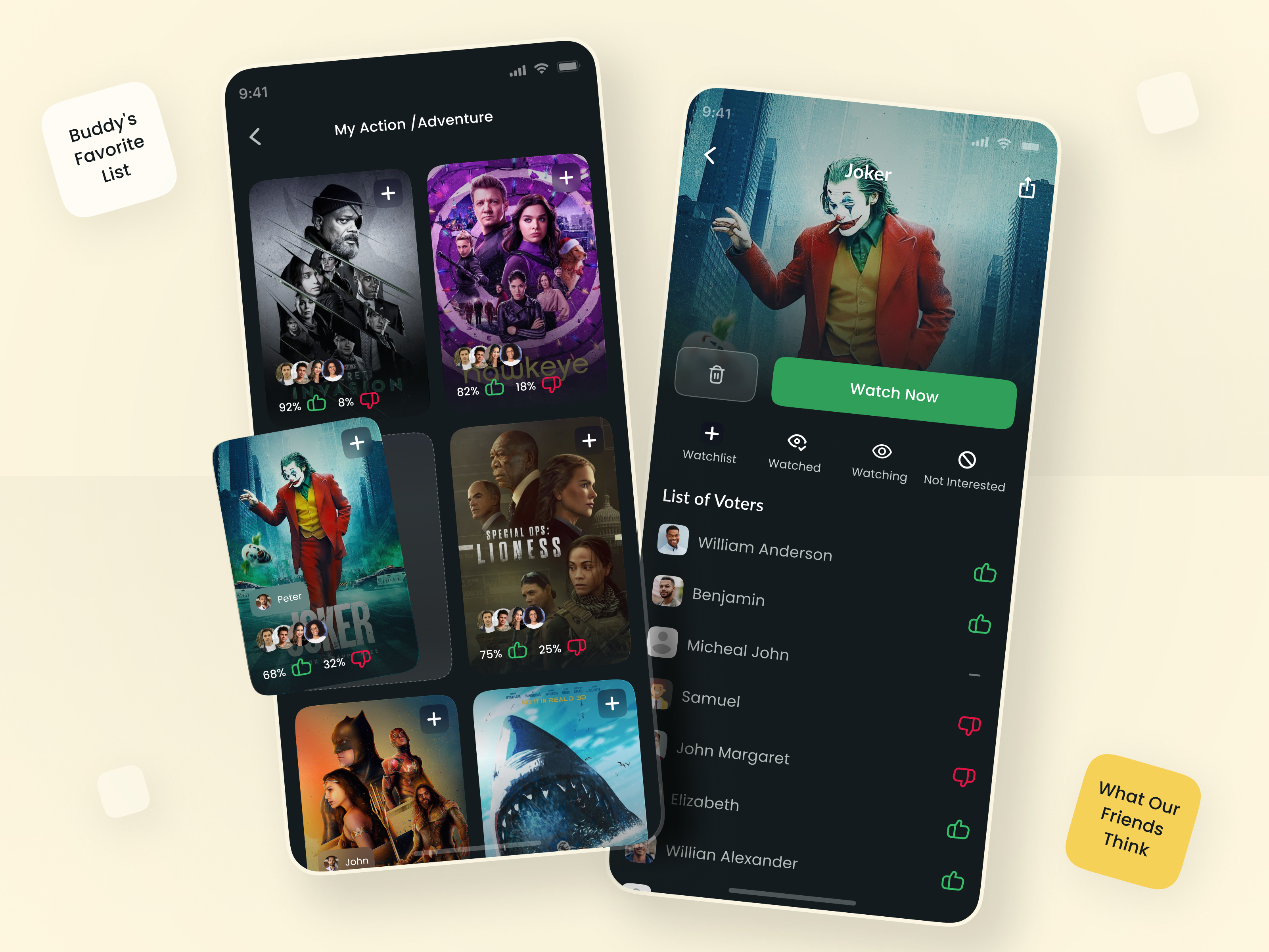 Movie Suggestion from Buddy's activity buddy dark theme design dislike favorite green like movies not interested ott ui upvote ux strategy watch now watchlist