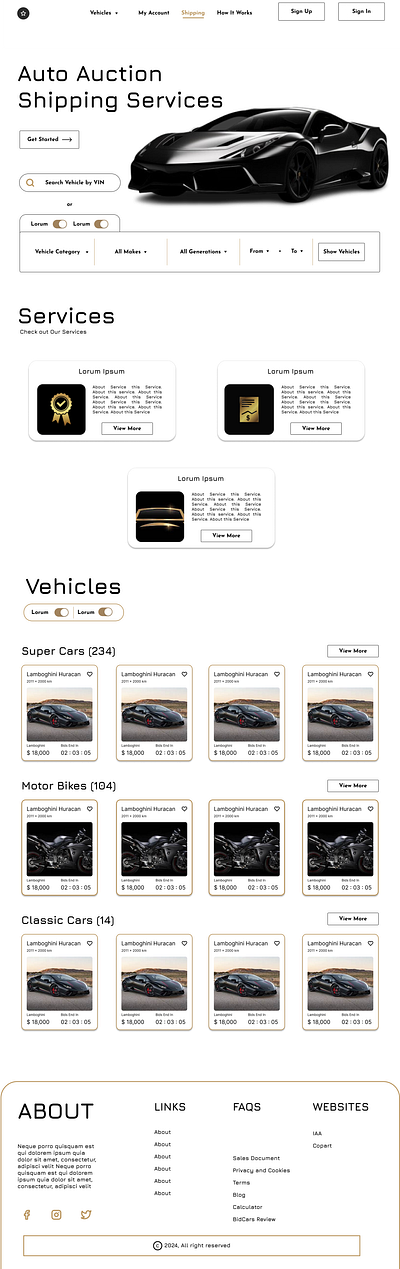 Vehicle Auction Website UI- Light + Dark Themes auctionplatform automarketplace carauction darkmode figma landingpage lightmode minimalui productdesign responsivedesign ui uidesign ux uxdesign vehiclebidding webappui