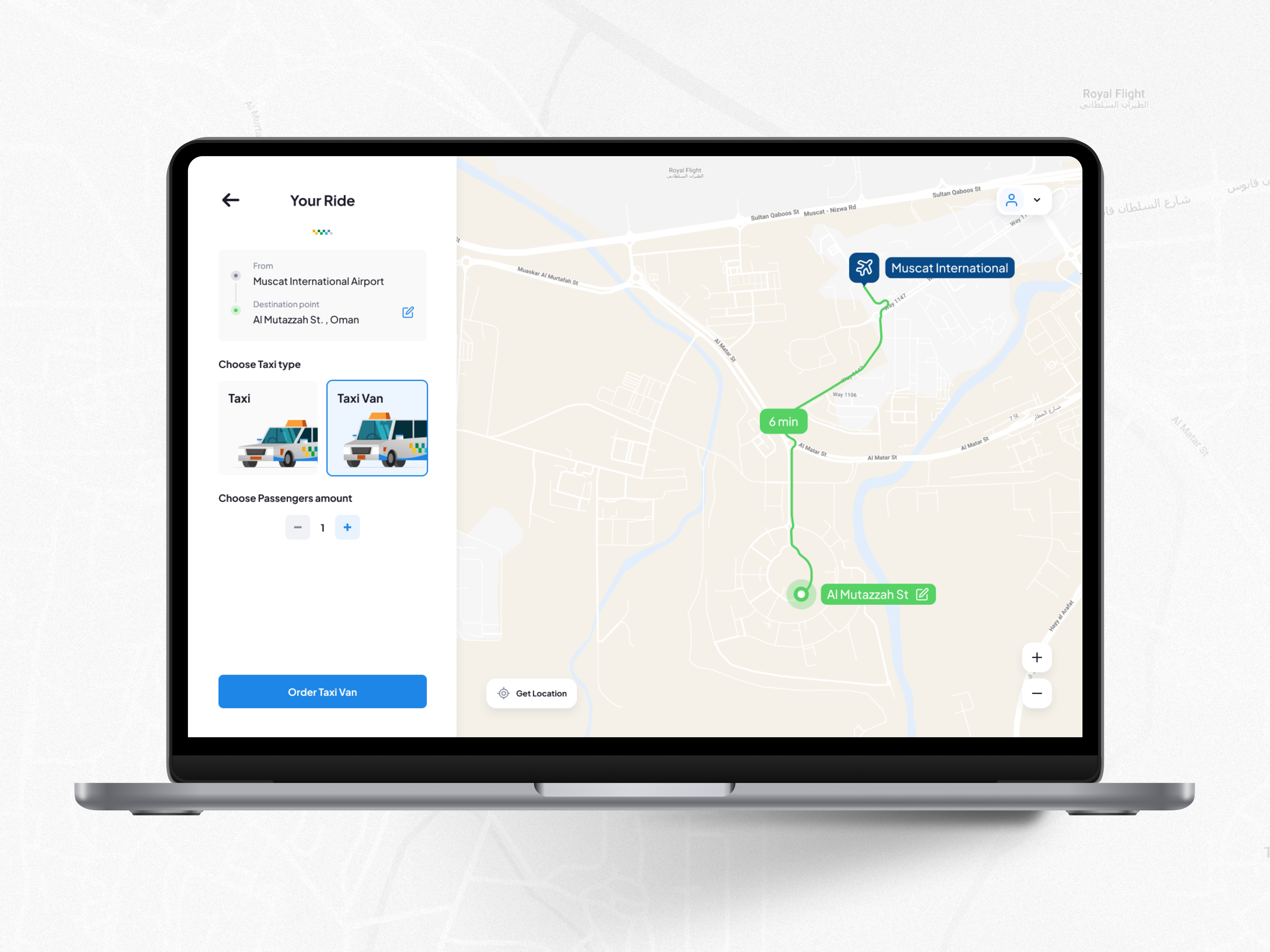 Oman Airport – Ride Booking App desktop app map mocku up ride app ride booking app tablet taxi app travel app ui ux