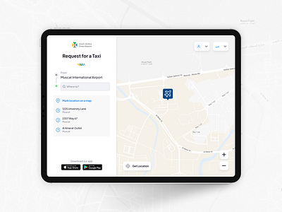 Oman Airport – Ride Booking App desktop app map mocku up ride app ride booking app tablet taxi app travel app ui ux