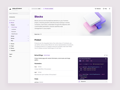 API Explorer Documentation Detail Page 3d api blocks code documentation hero illustration layout navigation sidebar snippet ui web