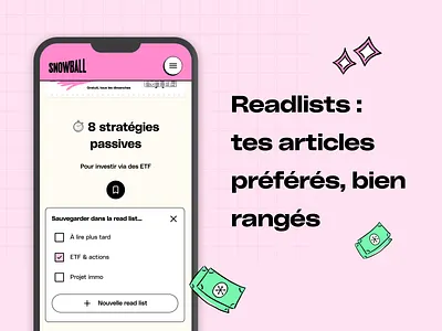Readlists - Snowball bookmark feature book mark feature finance fintech investing investment library media neobrutalism neubrustalism product design product marketing read read list readlist save for later ui design