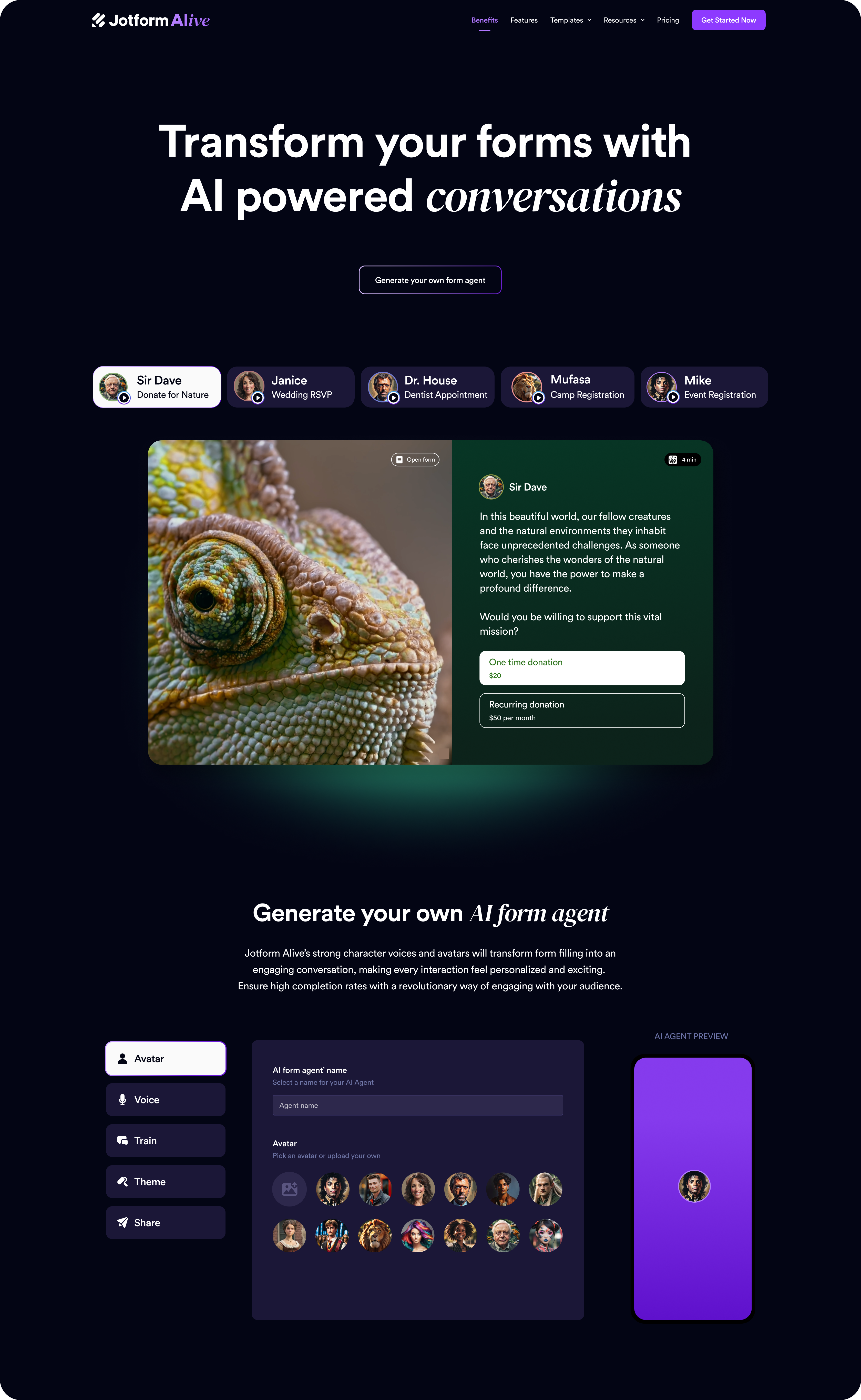 AI powered conversations landing page design ai ai agent ai voice avatar celebrity voice concept design conversation design jotform landing page online form ui ux website