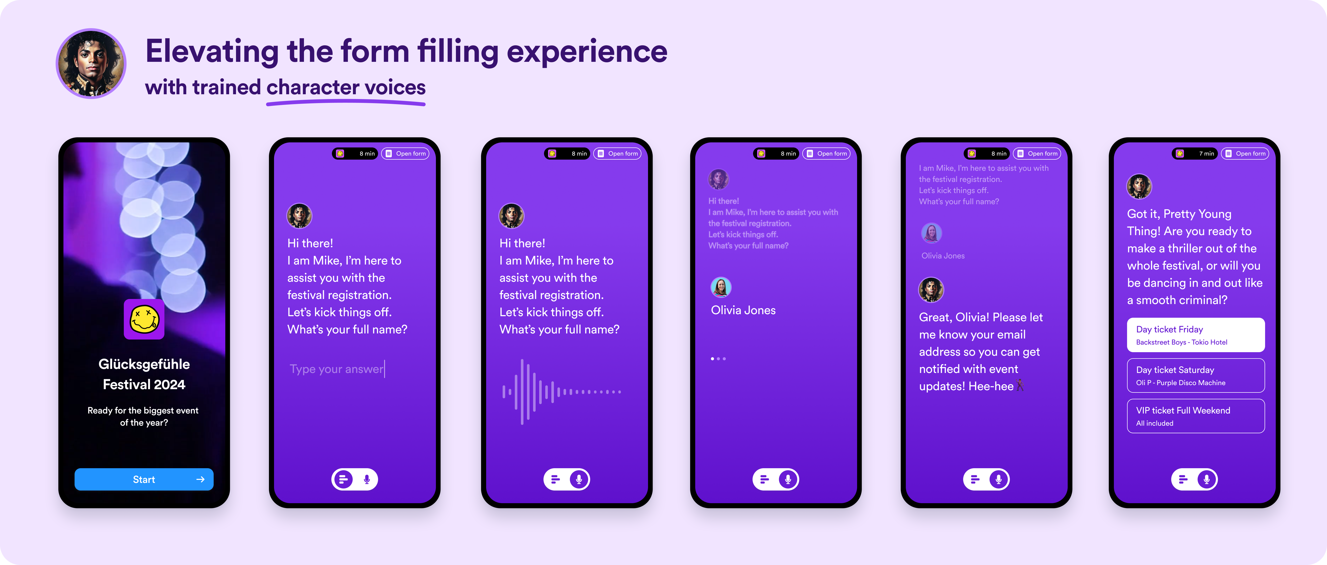 Mobile form filling experience trained with celebrity AI agents ai ai agent celebrity conversation design form filling jotform mobile online form purple ui ux voice
