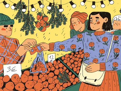 market characters line market oranges