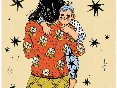 kid bluehair characters child family hugs kid mom