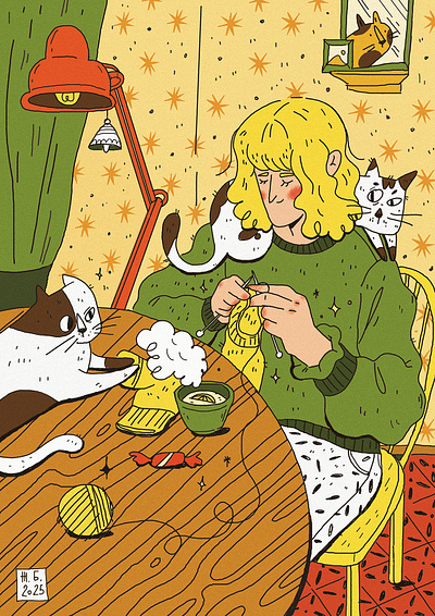 nastya cats characters girl home kitchen knit knitting line warm