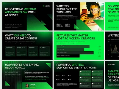 Notalx - AI SAAS Writing Pitch Deck ai animation artifical intelligence brand brand identity branding design graphic design green logo motion motion graphics pitch deck pitchdeck presentation saas tools vektora writing writing tool
