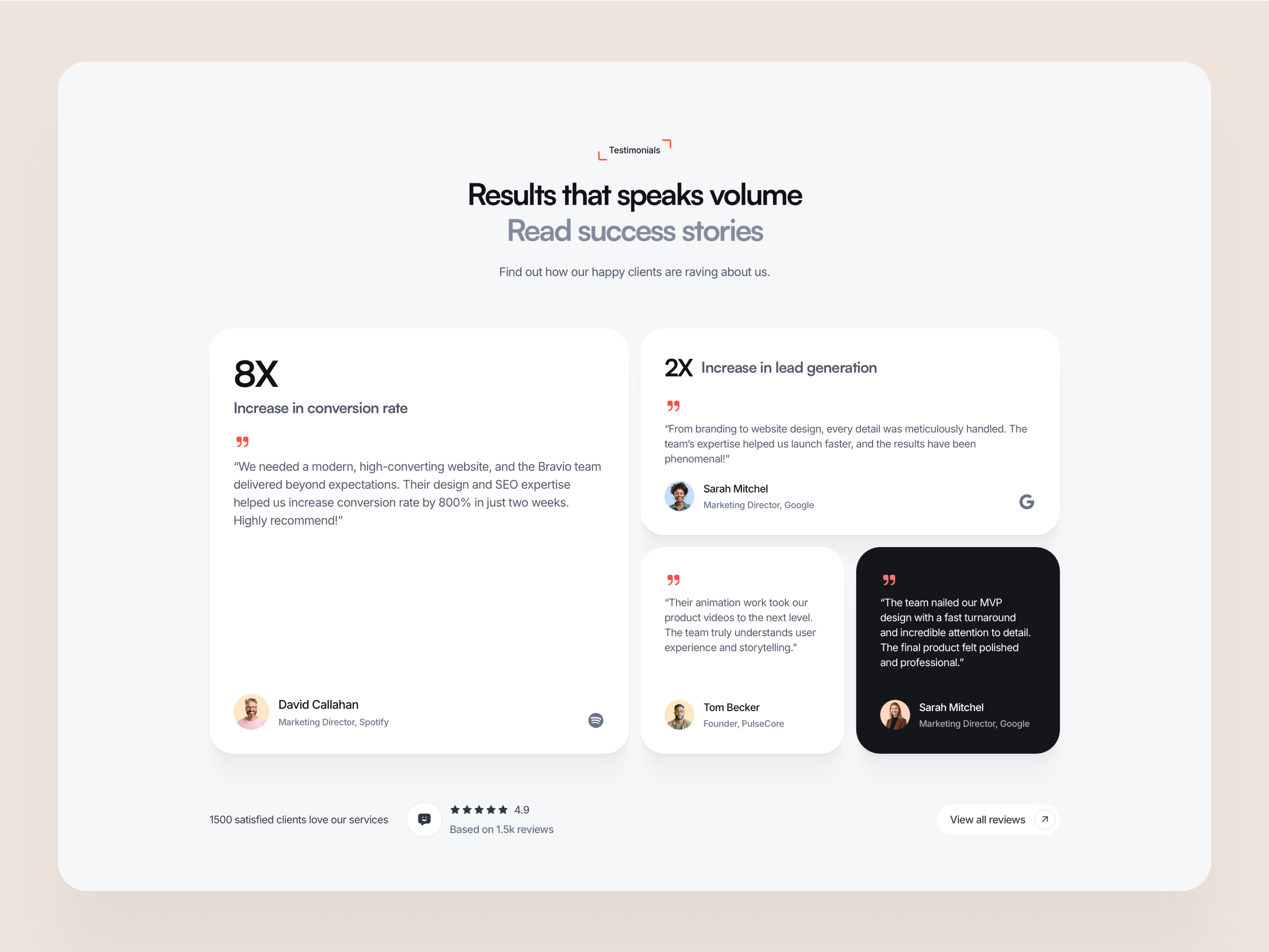 Bravio - Testimonials Section framer template testimonials ui ux web design