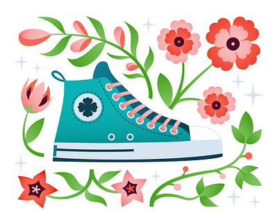 Floral Kick Illustration bold colors bright digital digital art florals flowers folk art graphic design graphic illustration illustration modern folk art shoes sneakers