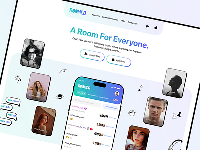 Roomco - Marketing Landing Page app app design branding design figma games app graphic design home page illustration landing page messaging app rooms app social media app ui uiux ux