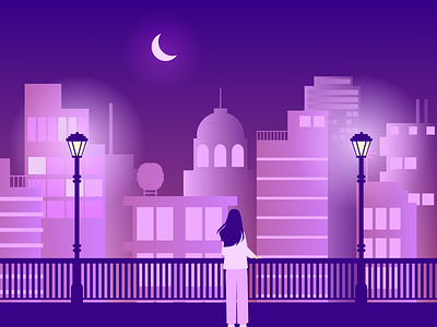 City Night Escape 2d illustration city lights city view cityscape digital art digital illustration flat illustration graphic design illustration monochromatic illustration monochrome peace purple relax vector vector art vector illustration