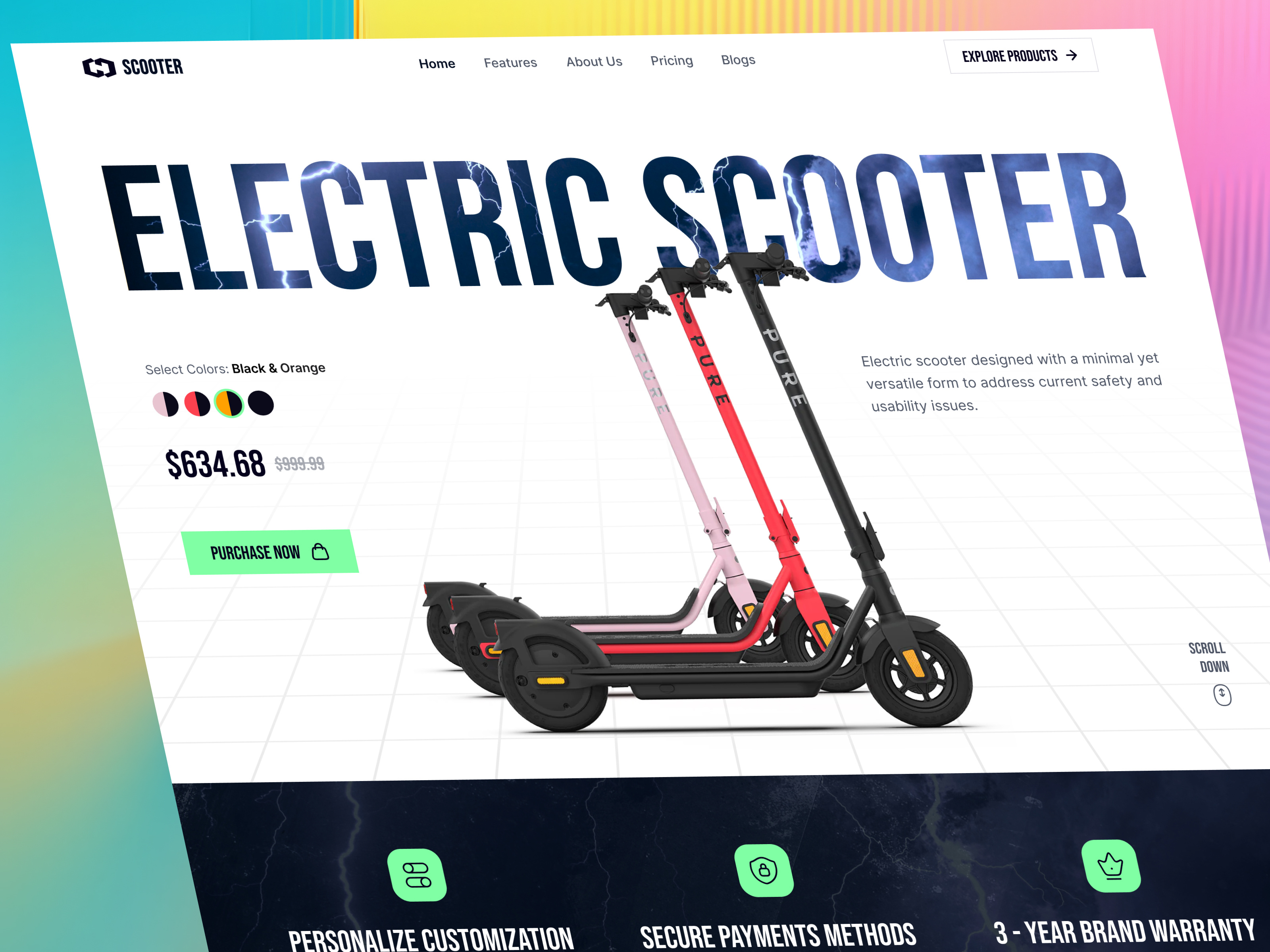 E-Bike – Electric Scooter Hero Section UI creative design e bike e commerce ecommerce electric scooter figma graphic design hero section homepage landing page product page ufinity studio ui ui ux design visual design web design web header web template web ui website design