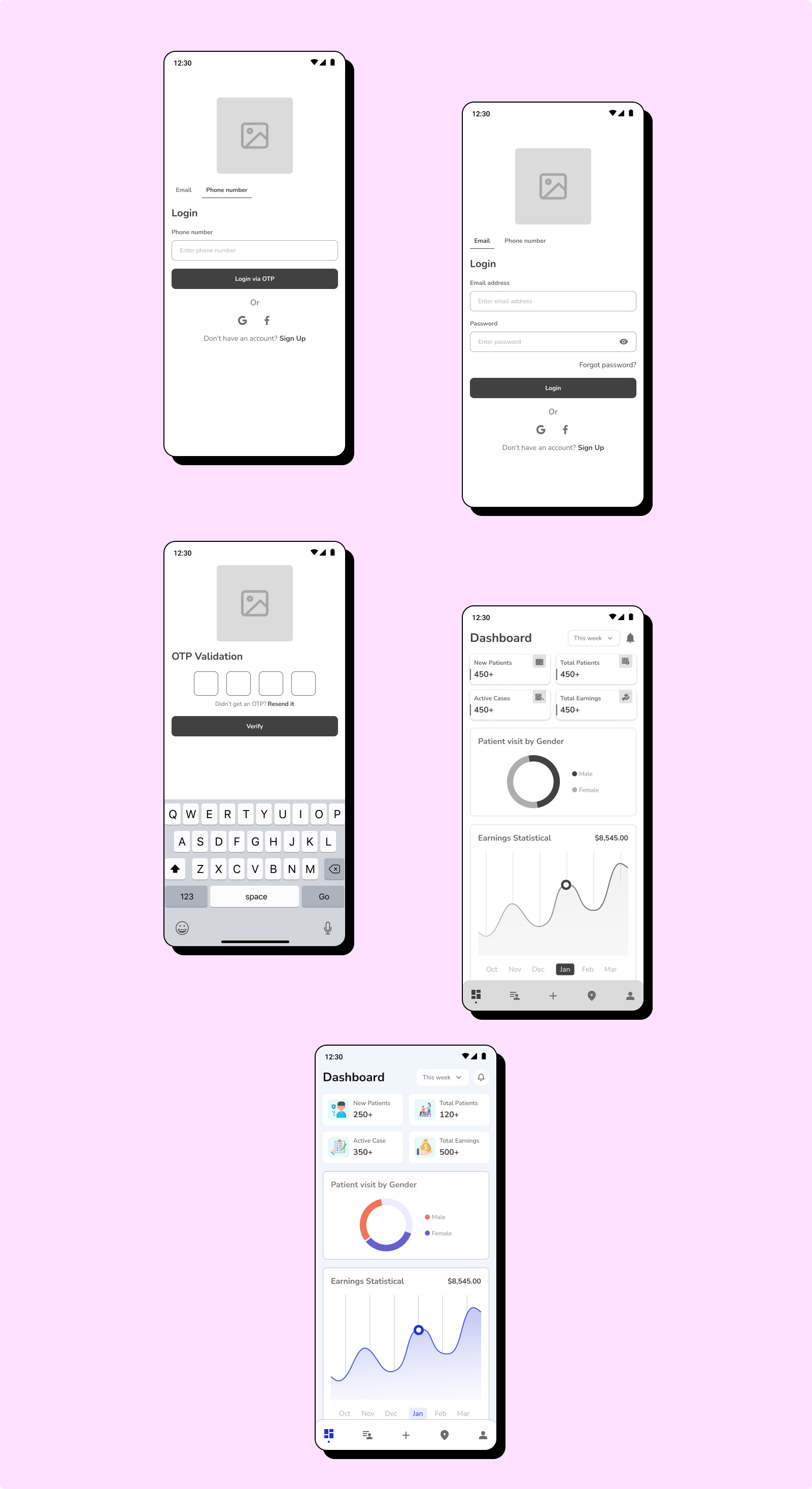 Mobile App - Doctor Application agency android colors dashboard doctor figma design home illustrate ios landing login mobile app pallete plan remote signup ux visuals wireframe work