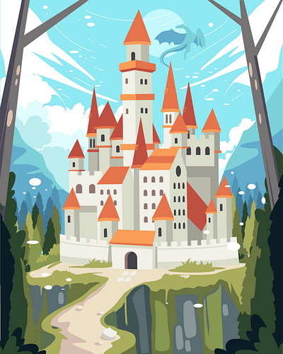 Legendary castle in the middle of the forest castle dragon dragon castle flat forest castle illustration kingdoms vector