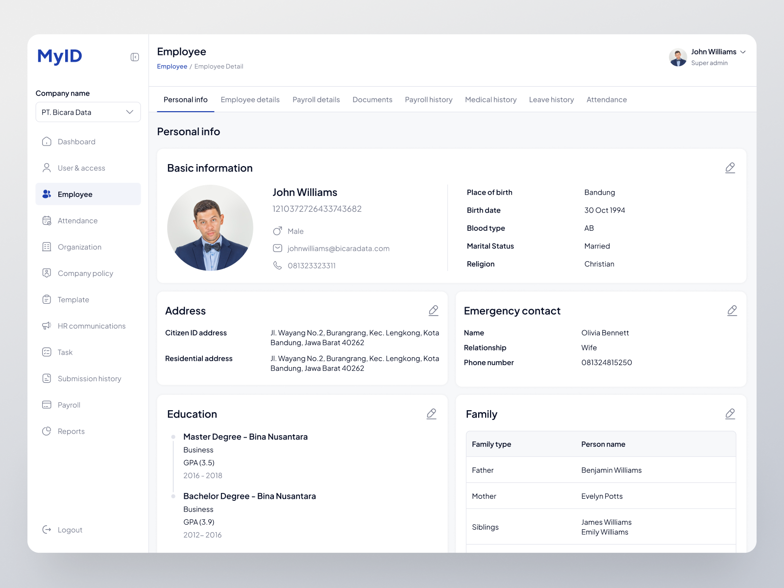 HR Management MyID - Employee Detail Web Design admin panel data design detail page employee hr hr apps hr management human resoureces personal info profile saas ui uidesign uiux ux uxdesign web design website