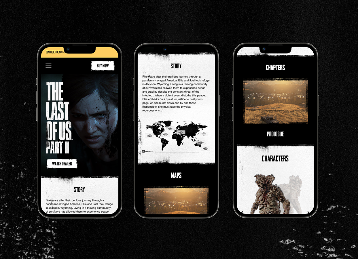 The last of us : part 2 : promotional app design entertainment entertainment website game website horror game infected landing page mobile app movie design movie website naughty dog promotional app promotional website the last of us the last of us part 2 tlou ui design webdesign