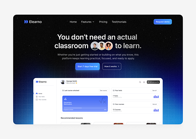 Elearno - Learning Platform Dark Landing Page SaaS dashboard dobritoiu tudor education education ui framer landing page landing page ui learning platform modern ui saas ui design ui ux web design