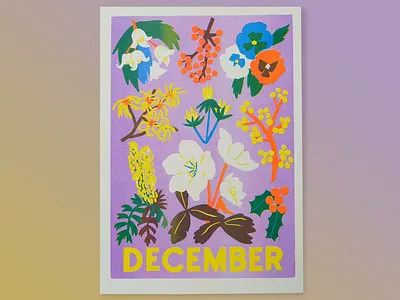 December Botanical Poster Design bold colors botanical poster bright poster colorful artwork december art decorative flowers editorial illustration festive print floral illustration handmade texture holiday flowers illustrated plants nature decor nature graphics plant collection purple palette seasonal design vibrant composition vintage look winter plants