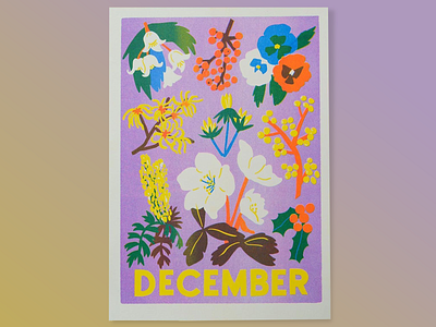 December Botanical Poster Design bold colors botanical poster bright poster colorful artwork december art decorative flowers editorial illustration festive print floral illustration handmade texture holiday flowers illustrated plants nature decor nature graphics plant collection purple palette seasonal design vibrant composition vintage look winter plants