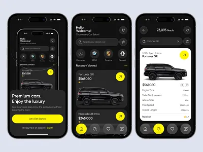 Buy & sell Cars App Design car dark designer figam freelacner home inpsiration mobile app trend purchase rent sale ui ui inspiration ux