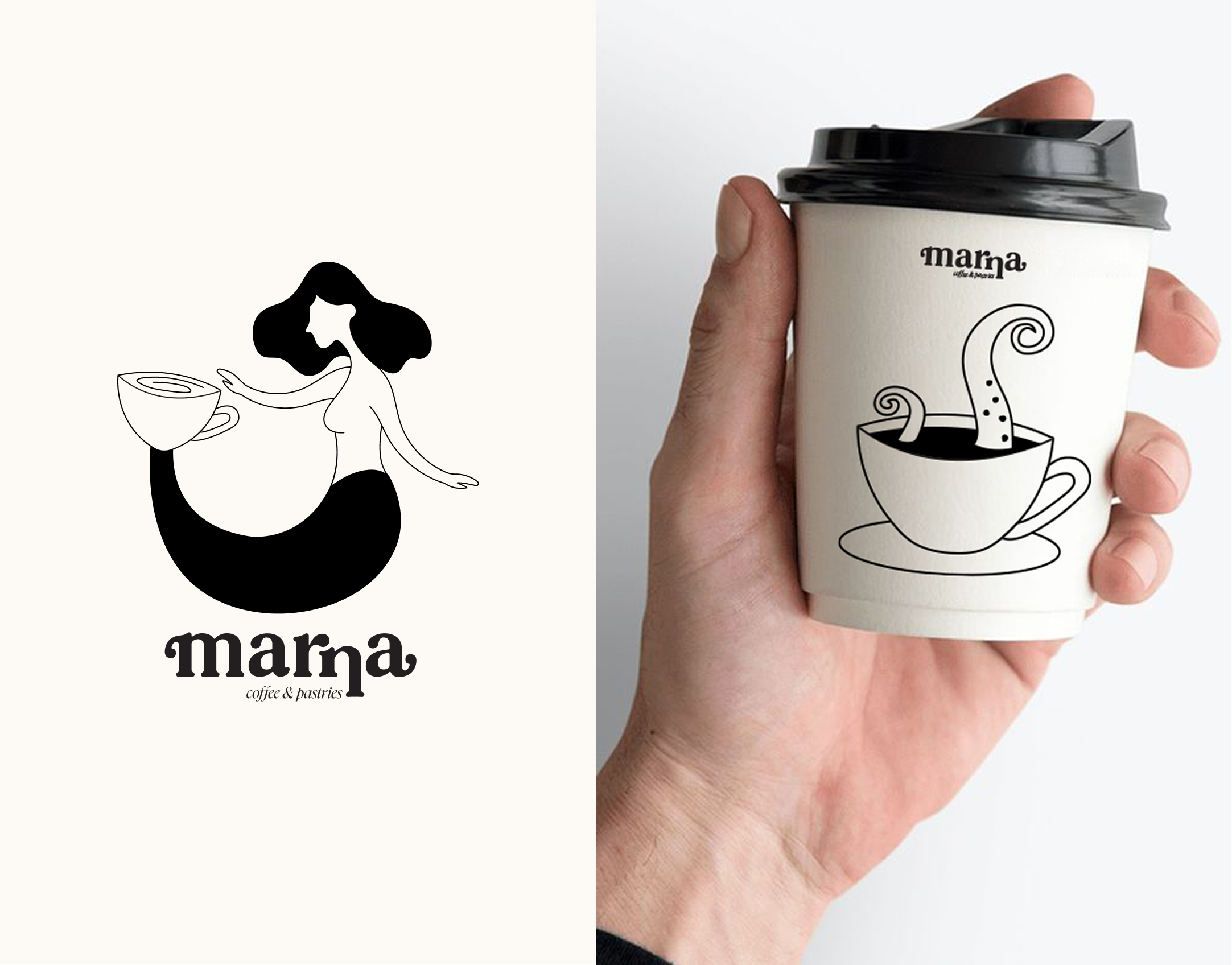 Marine themed coffee shop branding branding cafe coffee cup coffee shop crab croissant design girl illustration logo marine mermaid monochrome octopus