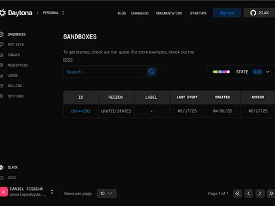 daytona's dashboard sandboxes screen