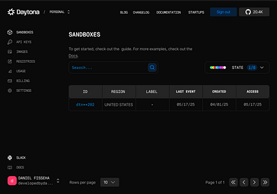 daytona's dashboard sandboxes screen