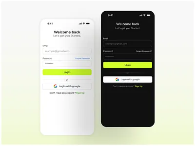 ✨ Clean & minimal Login UI – Light & Dark Mode. app design app light theme app login app login screen app sign up branding dark theme light theme lime color login login screen ui loginscreenui logo onboarding screen ui ux