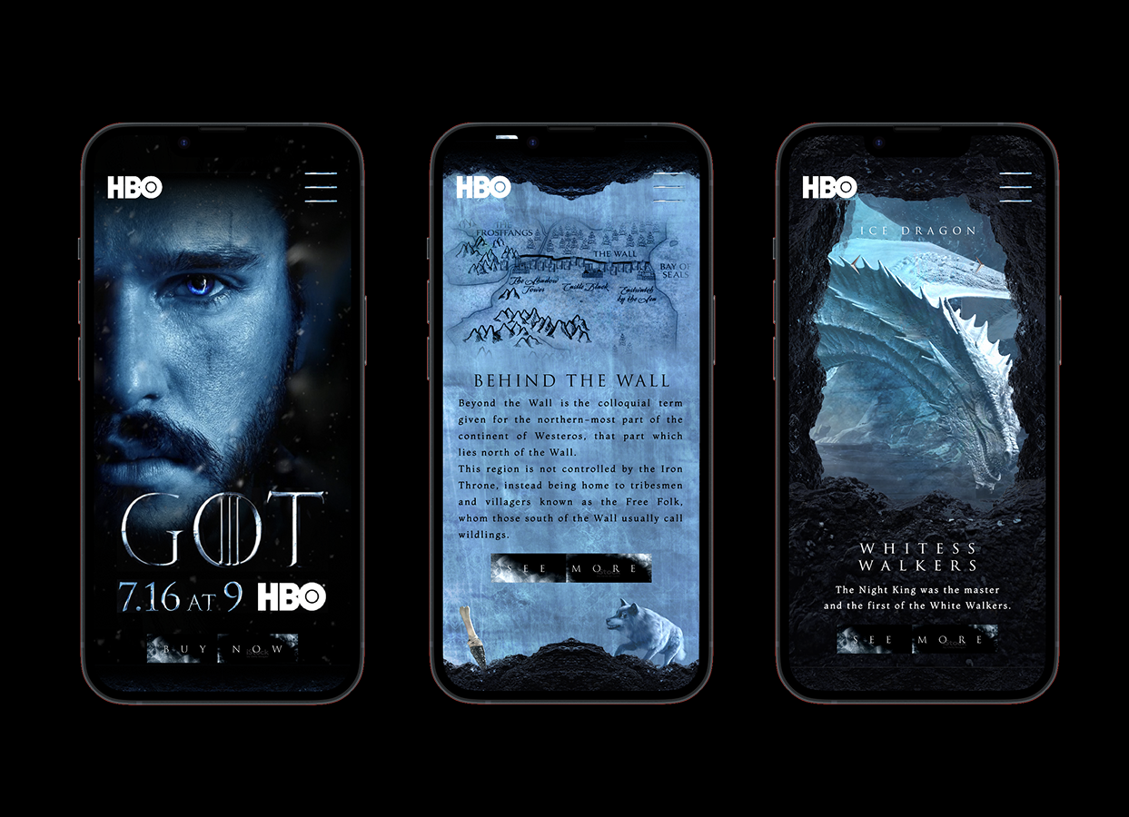 Game of thrones : Saison 7 : promotional app design app design entertainment entertainment website fan art game of thrones george rr martin got got s7 hbo jon snow landing page max mobile app movie design movie website promotional website ui design webdesign winter is coming