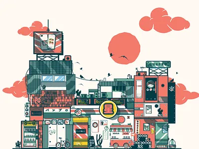 japan city illustration 80s style artist illustration kaiju t shirt design ui ui design