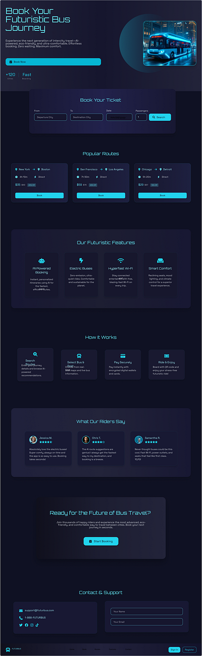 Futuristic bus booking website dark ui