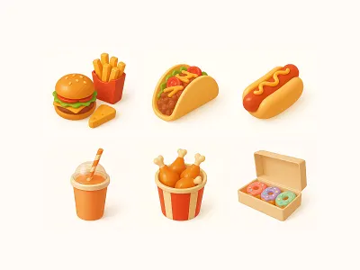 Fast food skeuomorphic icon | Isometric 3D icon. 3d icon airbnb icon bnb icon burger chinese icon custom icon donuts fast food icon food fried chicken bucket hot dog icon design isometric 3d juice skeuomorphic icon soda taco ui