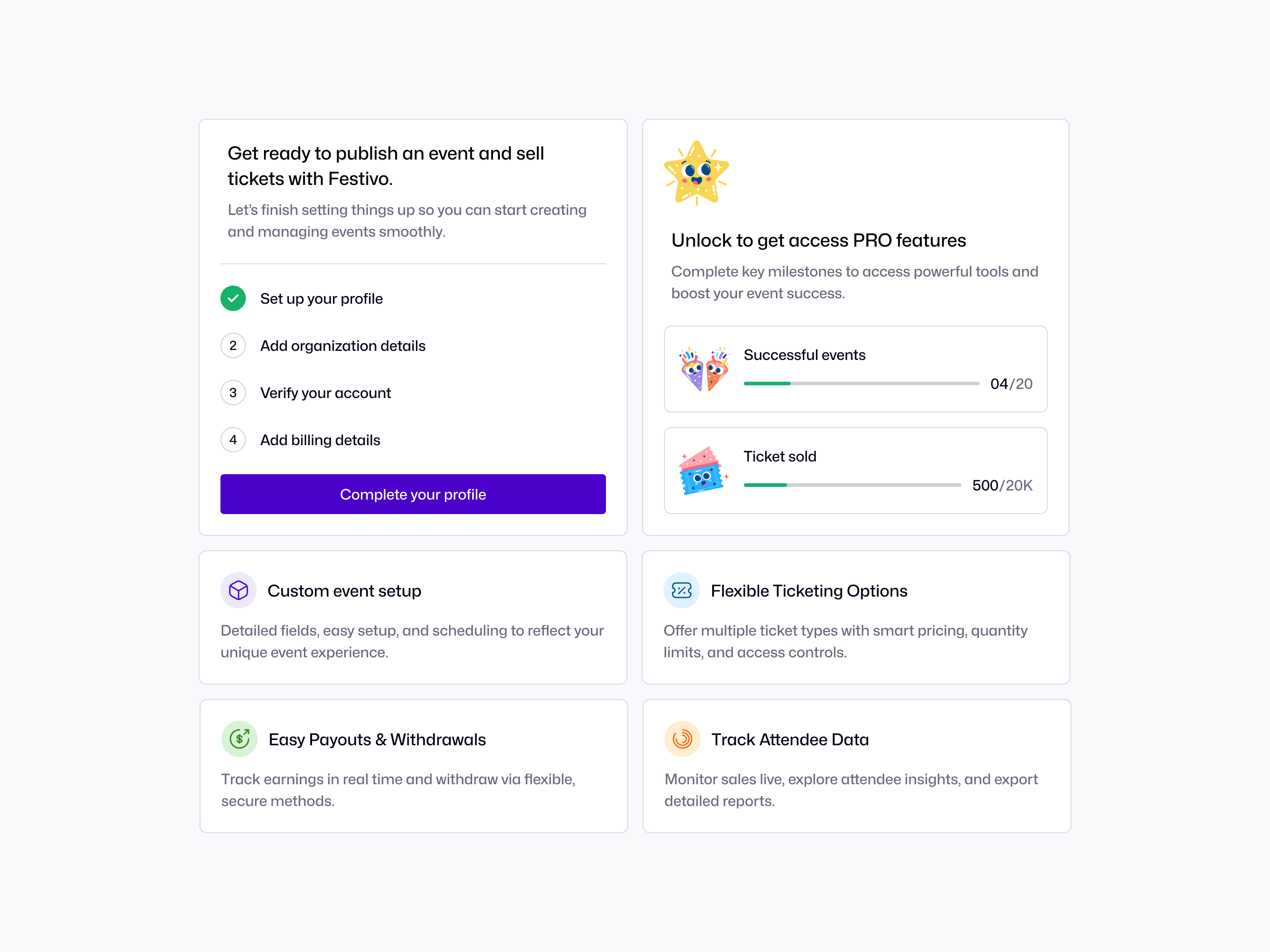 Onboarding Page for Event website colorful completion dashboard fun ui illustration onboarding ui ui design user interface ux website website ui