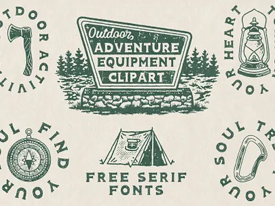 OUTDOOR ADVENTURE EQUIPMENT CLIPART adventure artwork badge design branding camping clipart design font font serif graphic design hand drawn handdrawn handwriting handwritting icon illustration logo logo vintage nature outdoor