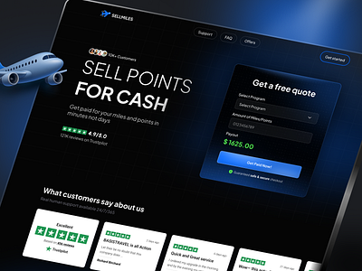 Flight Points to Cash – Landing Page UI Design clean web design cro dark mode ui figma design fintech ui flight booking flightbooking landing page landing page ui loyalty points onversion design payout screen design quote calculator ui responsive design saas landing page sell miles travel rewards ui travel website design web design website