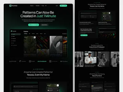 Runstick - AI Text to Pattern Generator Landing Page ai artificial intelligence automation clean dark dark mode dark ui darkmode dashboard design futuristic graphic design green home page landing page machine learning midjourney minimalist prompt saas