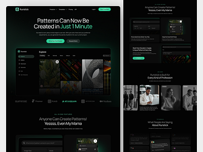 Runstick - AI Text to Pattern Generator Landing Page ai artificial intelligence automation clean dark dark mode dark ui darkmode dashboard design futuristic graphic design green home page landing page machine learning midjourney minimalist prompt saas
