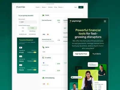 Paymongo Website calculator green homepage mobile ui website