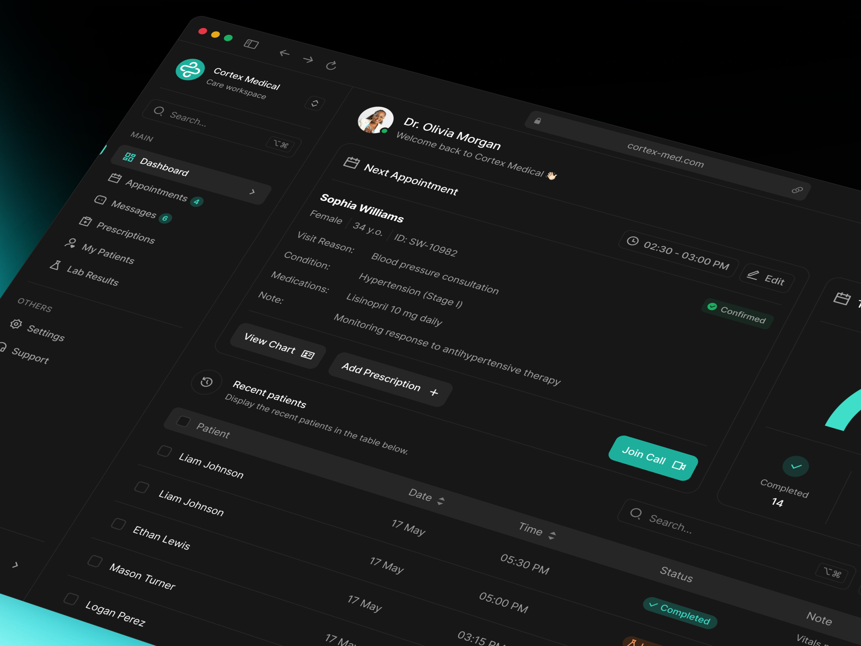 Medical Dashboard - Doctor’s Daily Panel in Dark Mode clinic concept design daily ui dark mode dashboard medicine product design ui user centered ux web design